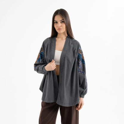 Kuşlu Taş İşlemeli Pamuk Nakışlı Kot Kimono