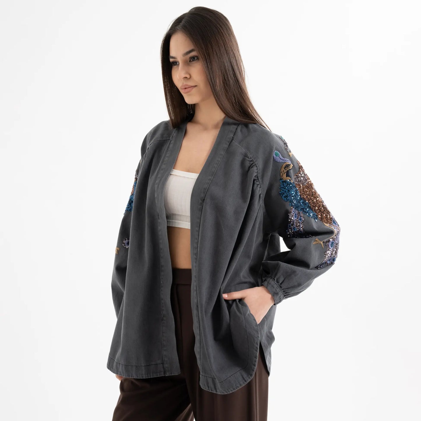 Kuşlu Taş İşlemeli Pamuk Nakışlı Kot Kimono