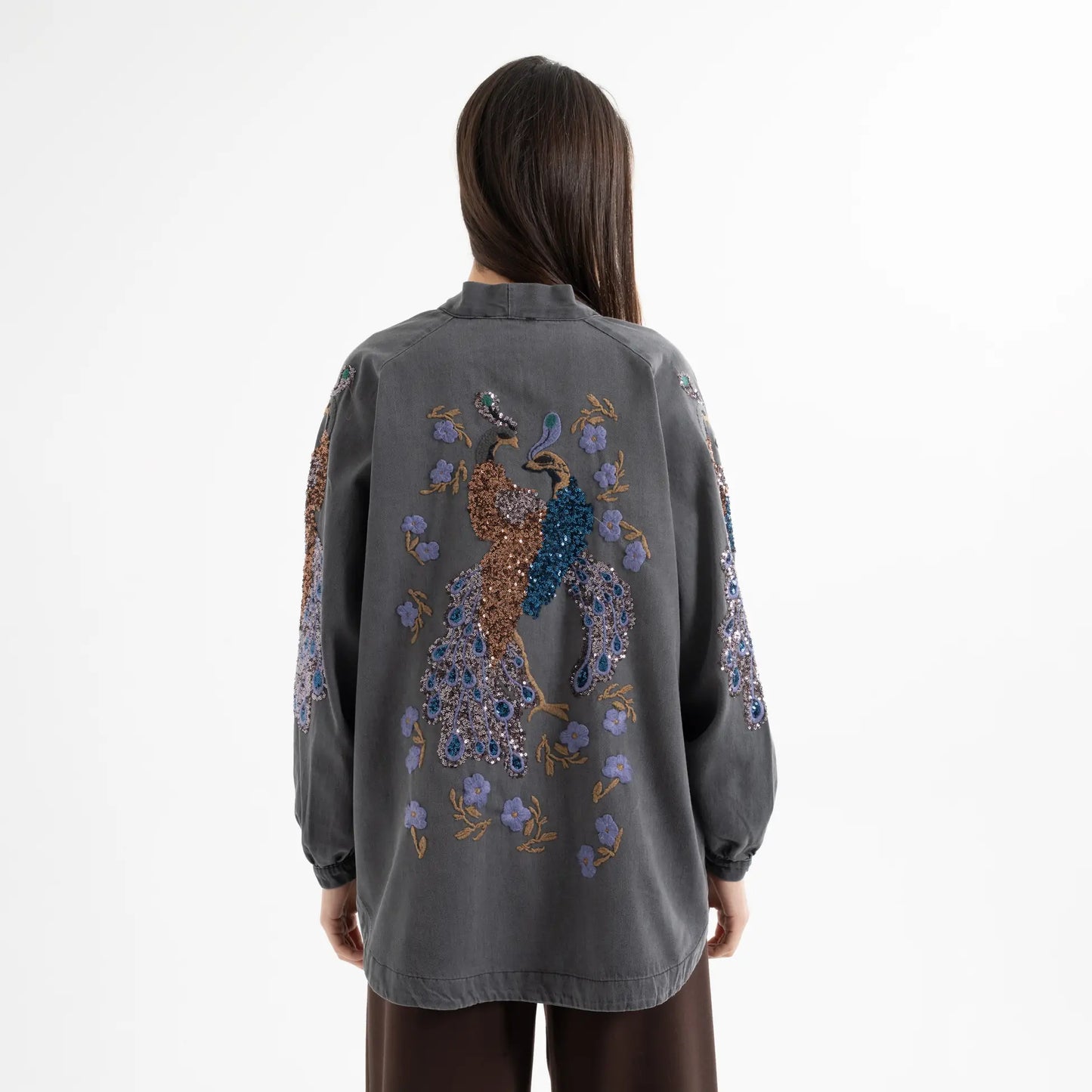 Kuşlu Taş İşlemeli Pamuk Nakışlı Kot Kimono