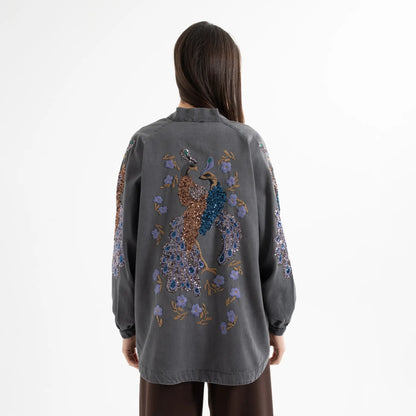 Kuşlu Taş İşlemeli Pamuk Nakışlı Kot Kimono