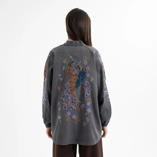 Kuşlu Taş İşlemeli Pamuk Nakışlı Kot Kimono