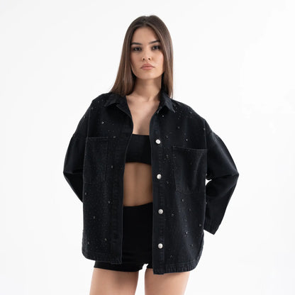 Taş İşlemeli Denim Siyah Kot Ceket