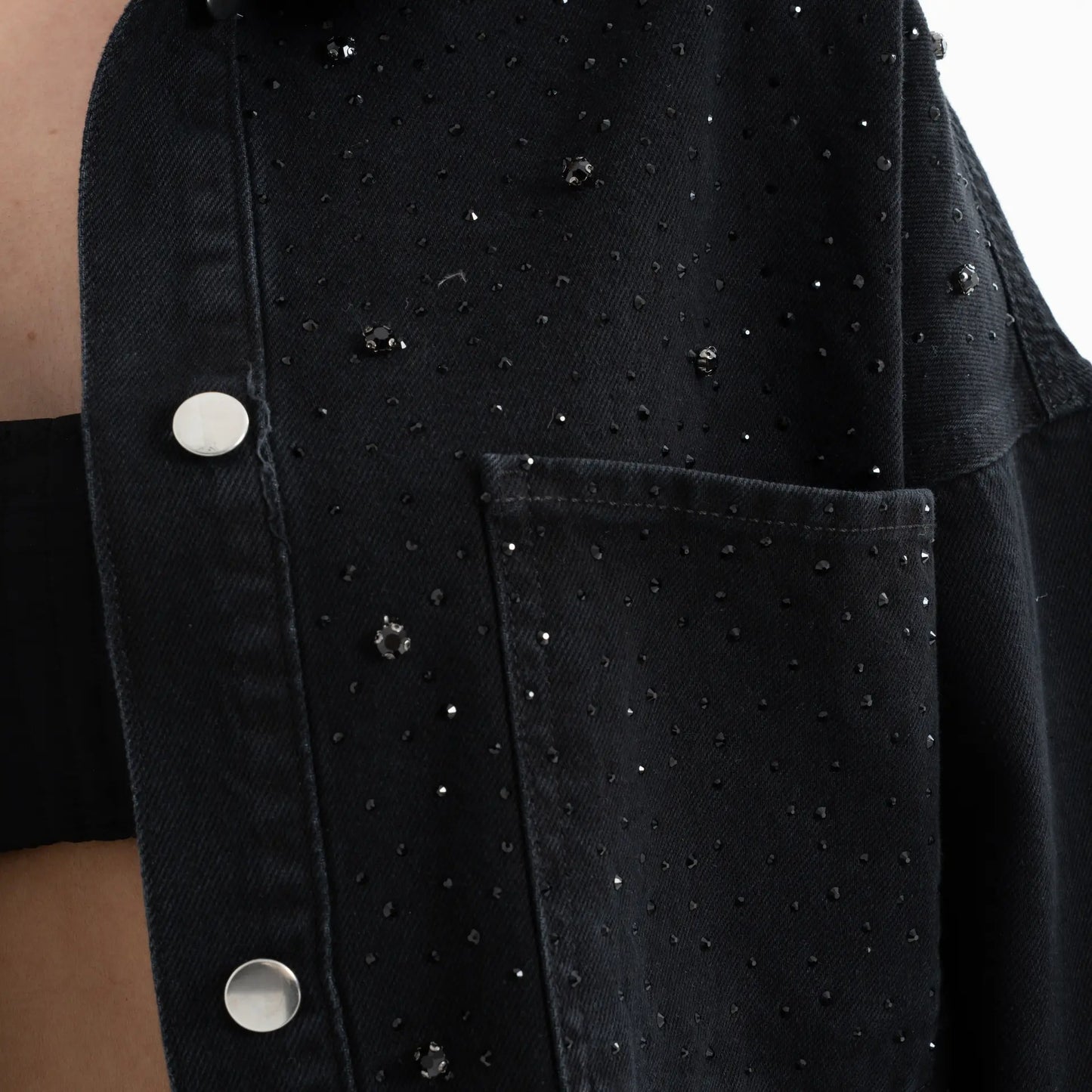 Taş İşlemeli Denim Siyah Kot Ceket