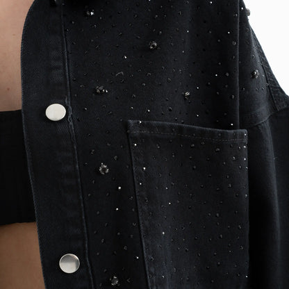 Taş İşlemeli Denim Siyah Kot Ceket