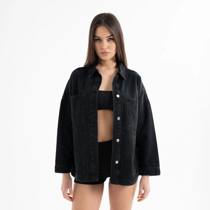 Taş İşlemeli Denim Siyah Kot Ceket