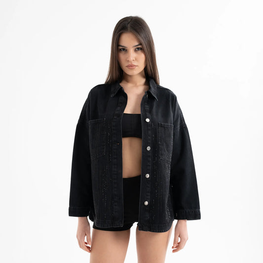 Taş İşlemeli Denim Siyah Kot Ceket