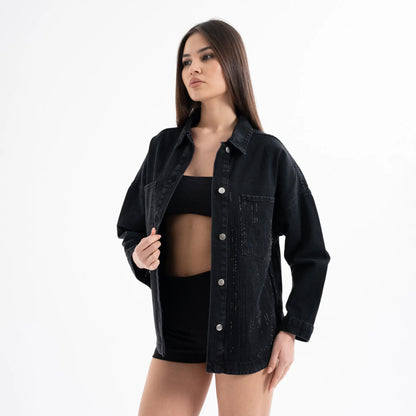 Taş İşlemeli Denim Siyah Kot Ceket