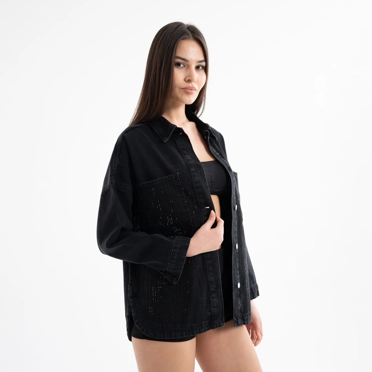 Taş İşlemeli Denim Siyah Kot Ceket