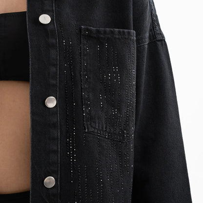 Taş İşlemeli Denim Siyah Kot Ceket