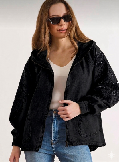 Nakış Detaylı Denim Kapüşonlu Kot Ceket
