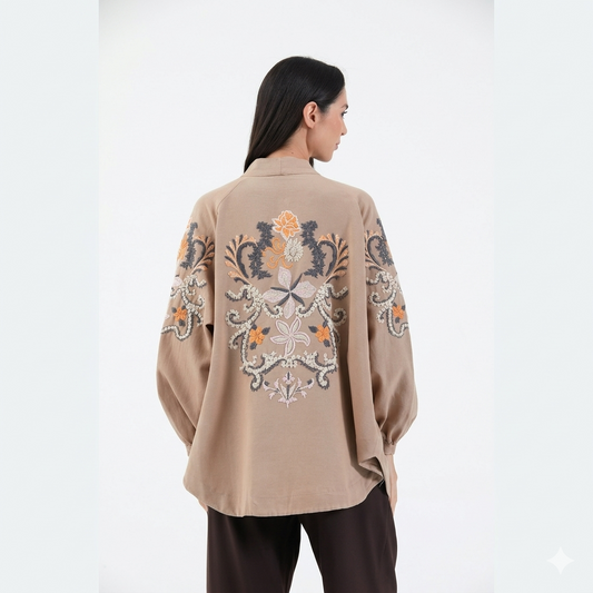 Bej Nakışlı Mevsimlik Keten Kimono