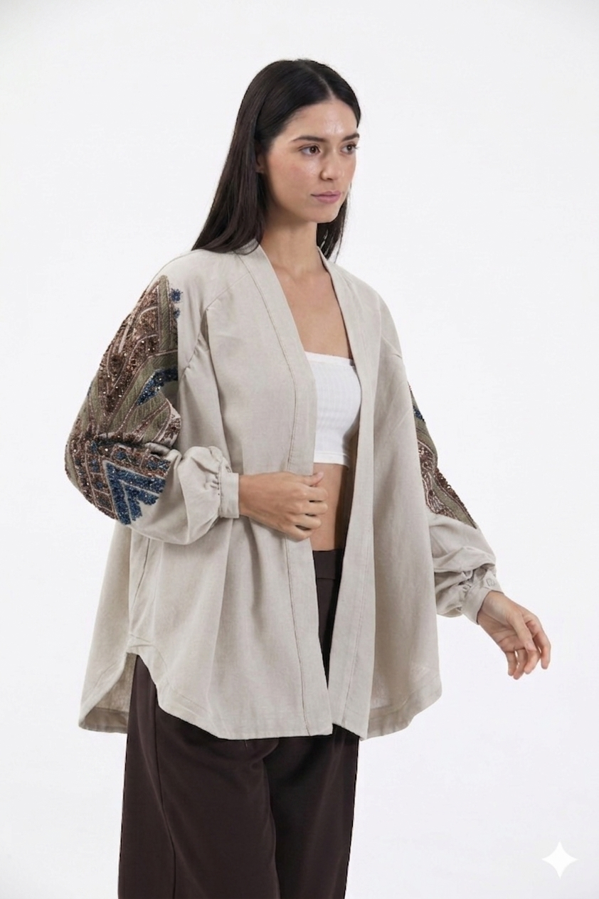 Nakış İşlemeli Taşlı Mevsimlik Keten Kimono