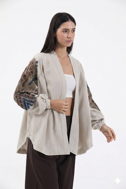 Nakış İşlemeli Taşlı Mevsimlik Keten Kimono