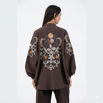Acı Kahve Nakış İşlemeli Mevsimlik Keten Kimono