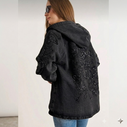 Nakış Detaylı Denim Kapüşonlu Kot Ceket