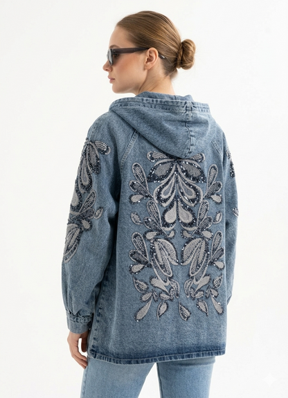 Nakış Detaylı Denim Kapüşonlu Kot Ceket
