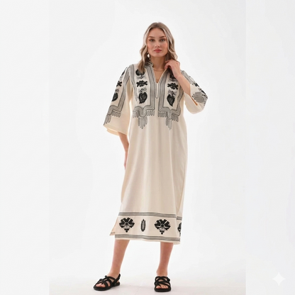 Nakış İşlemeli Yarım Kol Rahat %100 Cotton Mevsimlik Elbise