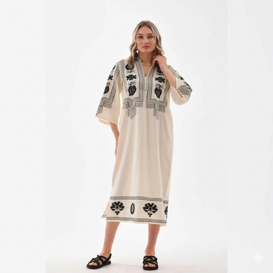 Nakış İşlemeli Yarım Kol Rahat %100 Cotton Mevsimlik Elbise