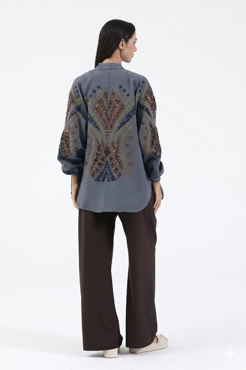 Nakış İşlemeli Taşlı Mevsimlik Keten Kimono