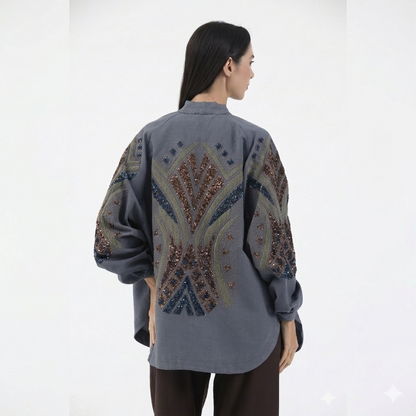 Nakış İşlemeli Taşlı Mevsimlik Keten Kimono
