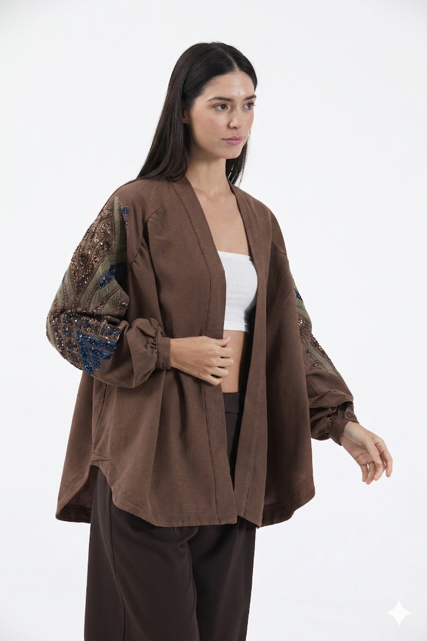 Nakış İşlemeli Taşlı Mevsimlik Keten Kimono