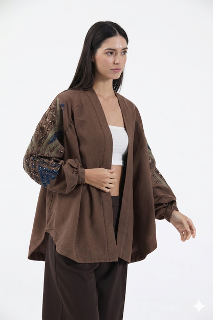 Nakış İşlemeli Taşlı Mevsimlik Keten Kimono