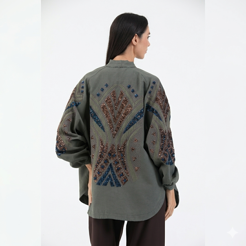 Haki Taş İşlemeli Nakışlı Mevsimlik Kimono