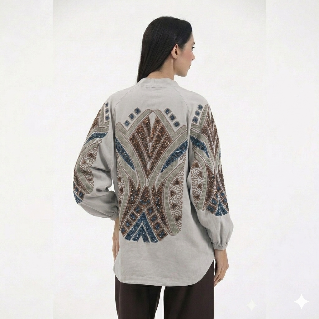 Nakış İşlemeli Taşlı Mevsimlik Keten Kimono