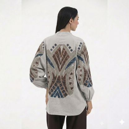 Nakış İşlemeli Taşlı Mevsimlik Keten Kimono