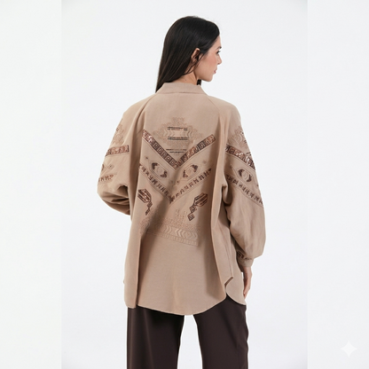 Bej Nakış İşlemeli Taşlı Mevsimlik Keten Kimono