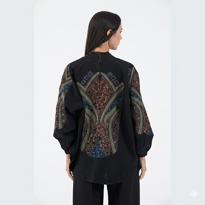 Siyah Taş İşlemeli Nakışlı Keten Mevsimlik Kimono