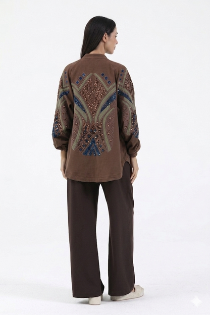 Nakış İşlemeli Taşlı Mevsimlik Keten Kimono