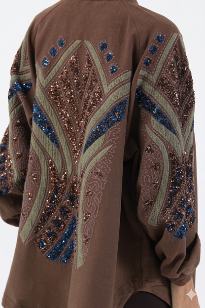 Nakış İşlemeli Taşlı Mevsimlik Keten Kimono