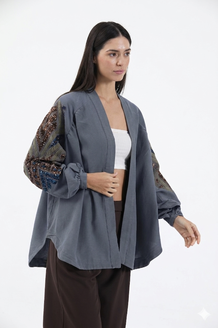Nakış İşlemeli Taşlı Mevsimlik Keten Kimono