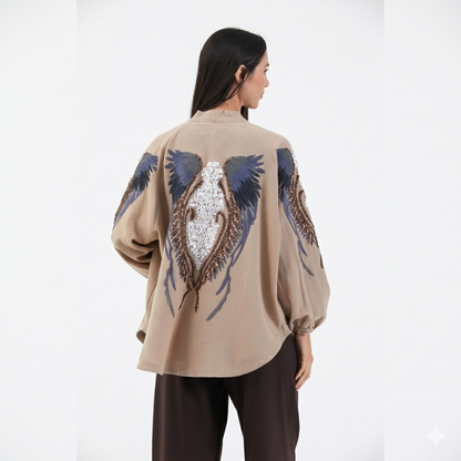 Bej Melek Kanatlı Taş İşlemeli Mevsimlik Kimono