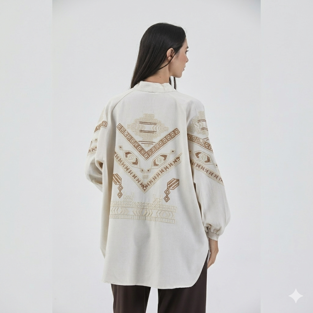 Krem Nakış İşlemeli Taşlı Mevsimlik Keten Kimono