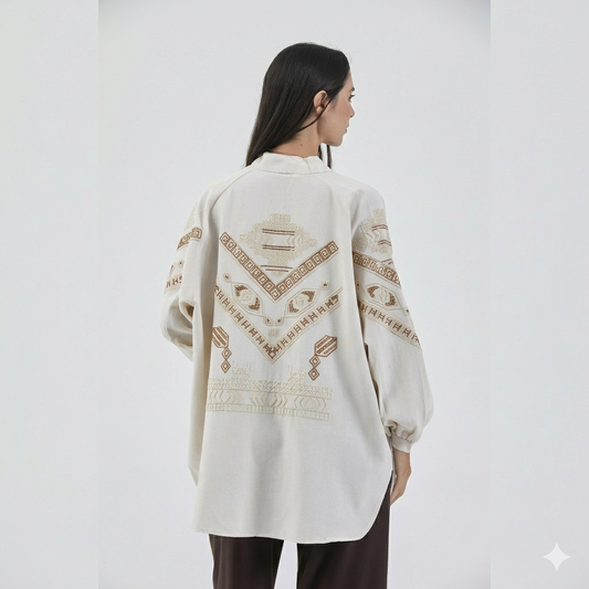 Krem Nakış İşlemeli Taşlı Mevsimlik Keten Kimono