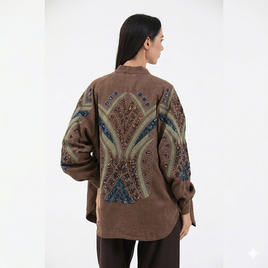 Nakış İşlemeli Taşlı Mevsimlik Keten Kimono