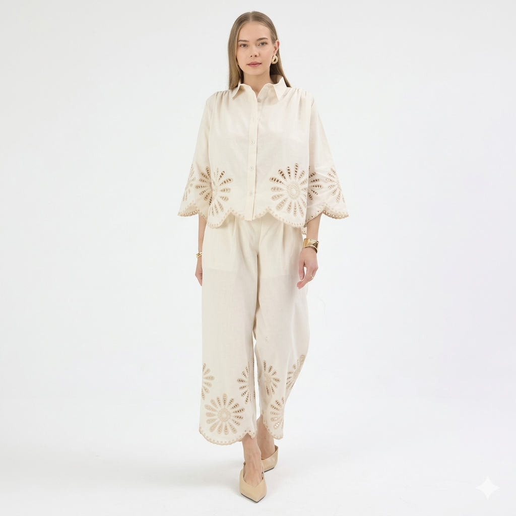 Nakışlı %100 Cotton Gömlek- Pantolon Takım
