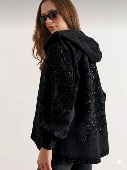 Nakış Detaylı Denim Kapüşonlu Kot Ceket