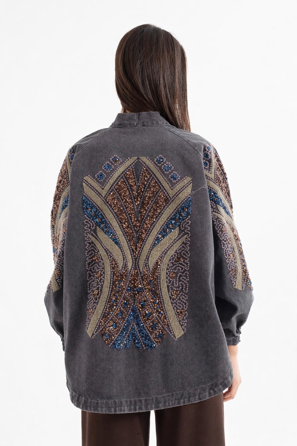 Taş İşlemeli Nakışlı Kot Kimono