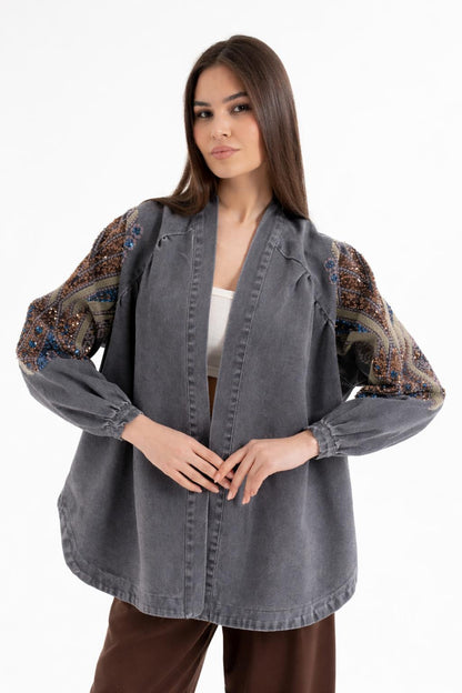 Taş İşlemeli Nakışlı Kot Kimono