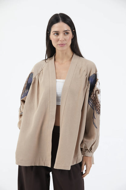 Bej Melek Kanatlı Taş İşlemeli Mevsimlik Kimono
