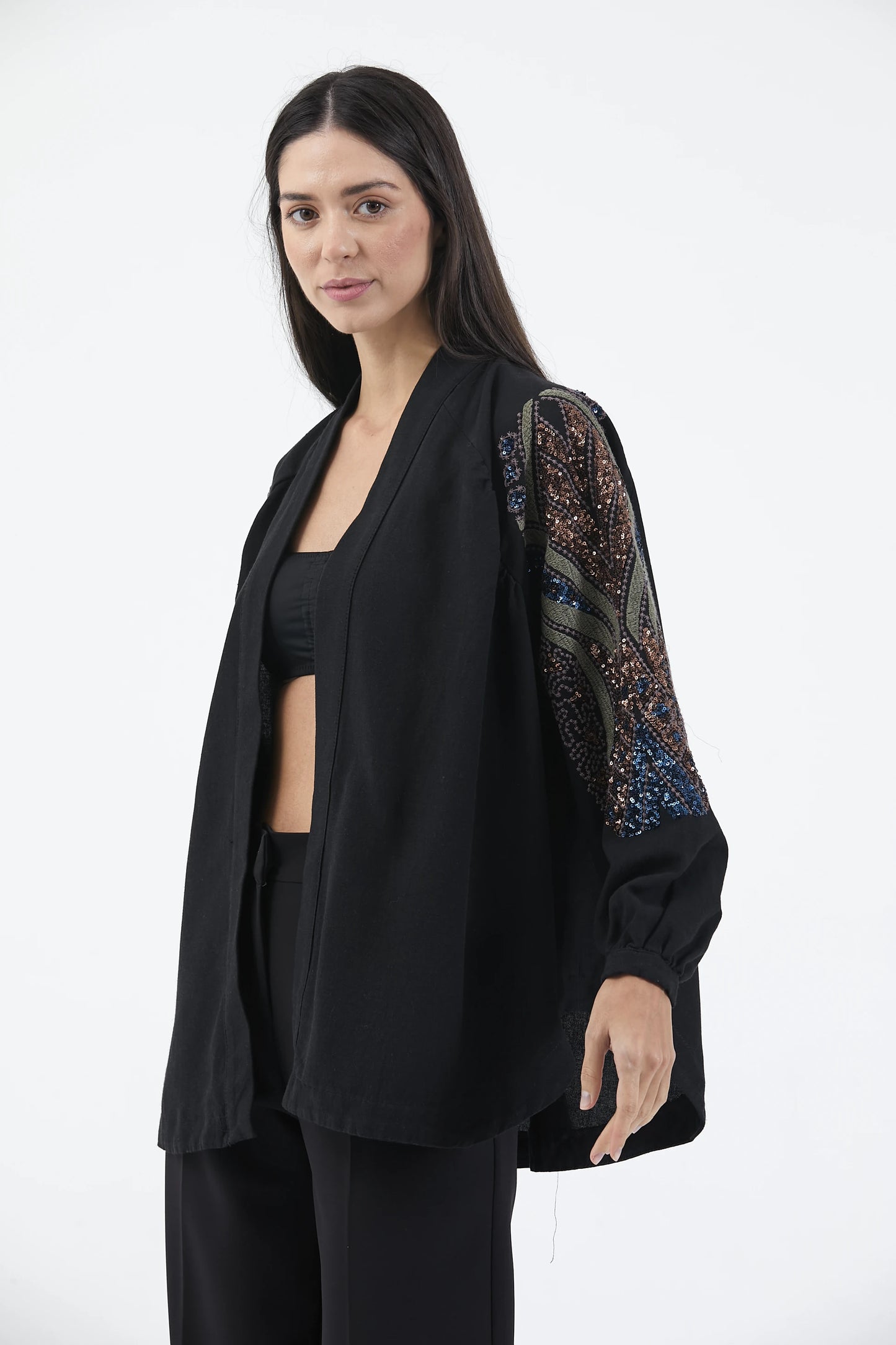 Siyah Taş İşlemeli Nakışlı Keten Mevsimlik Kimono