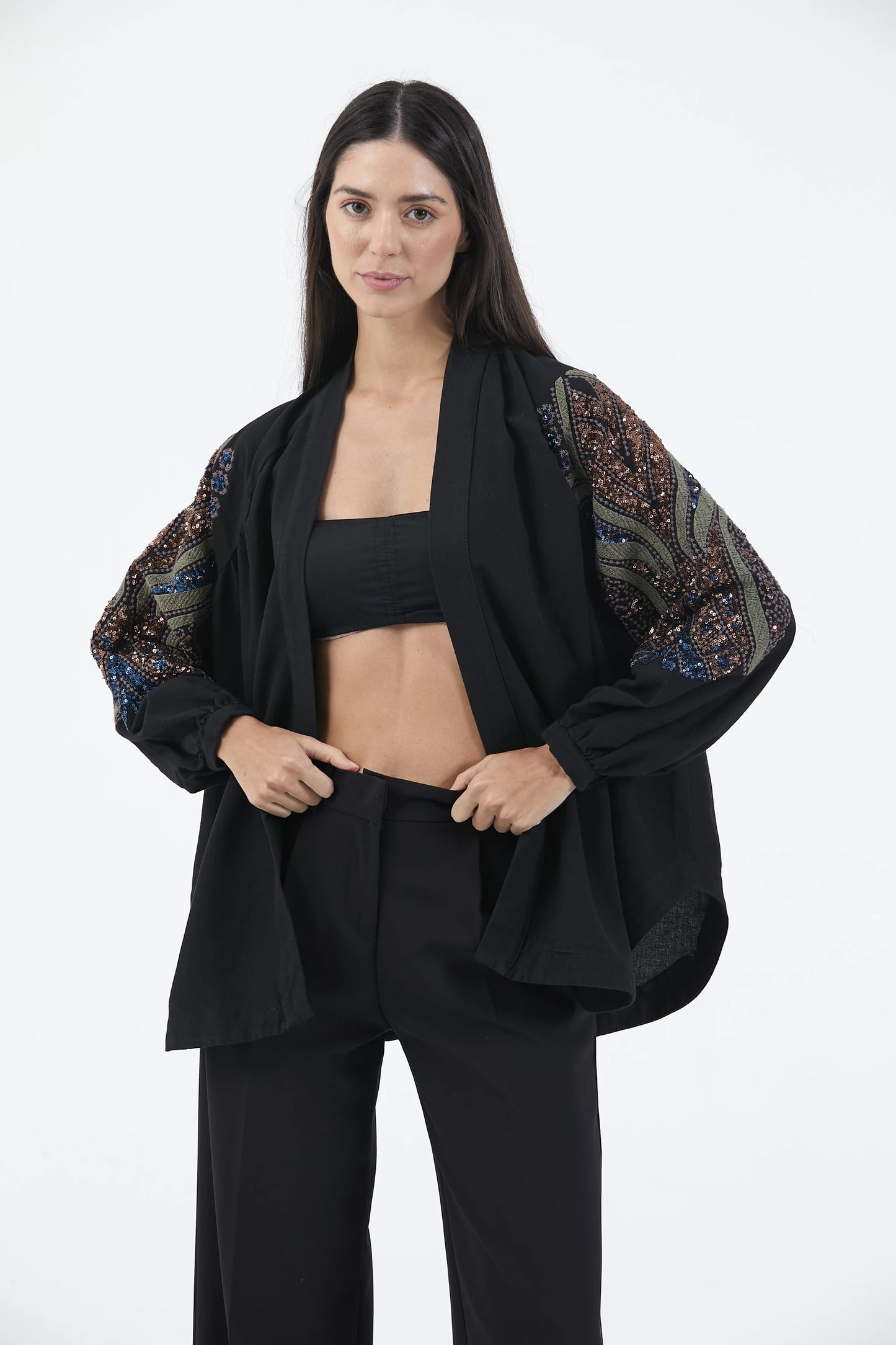 Siyah Taş İşlemeli Nakışlı Keten Mevsimlik Kimono
