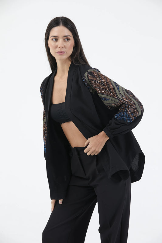 Siyah Taş İşlemeli Nakışlı Keten Mevsimlik Kimono