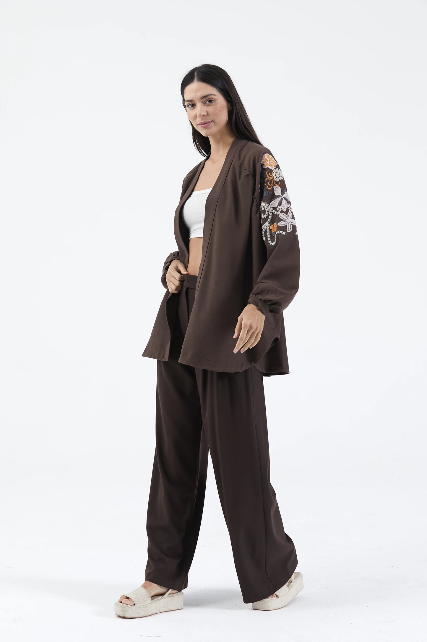 Acı Kahve Nakış İşlemeli Mevsimlik Keten Kimono