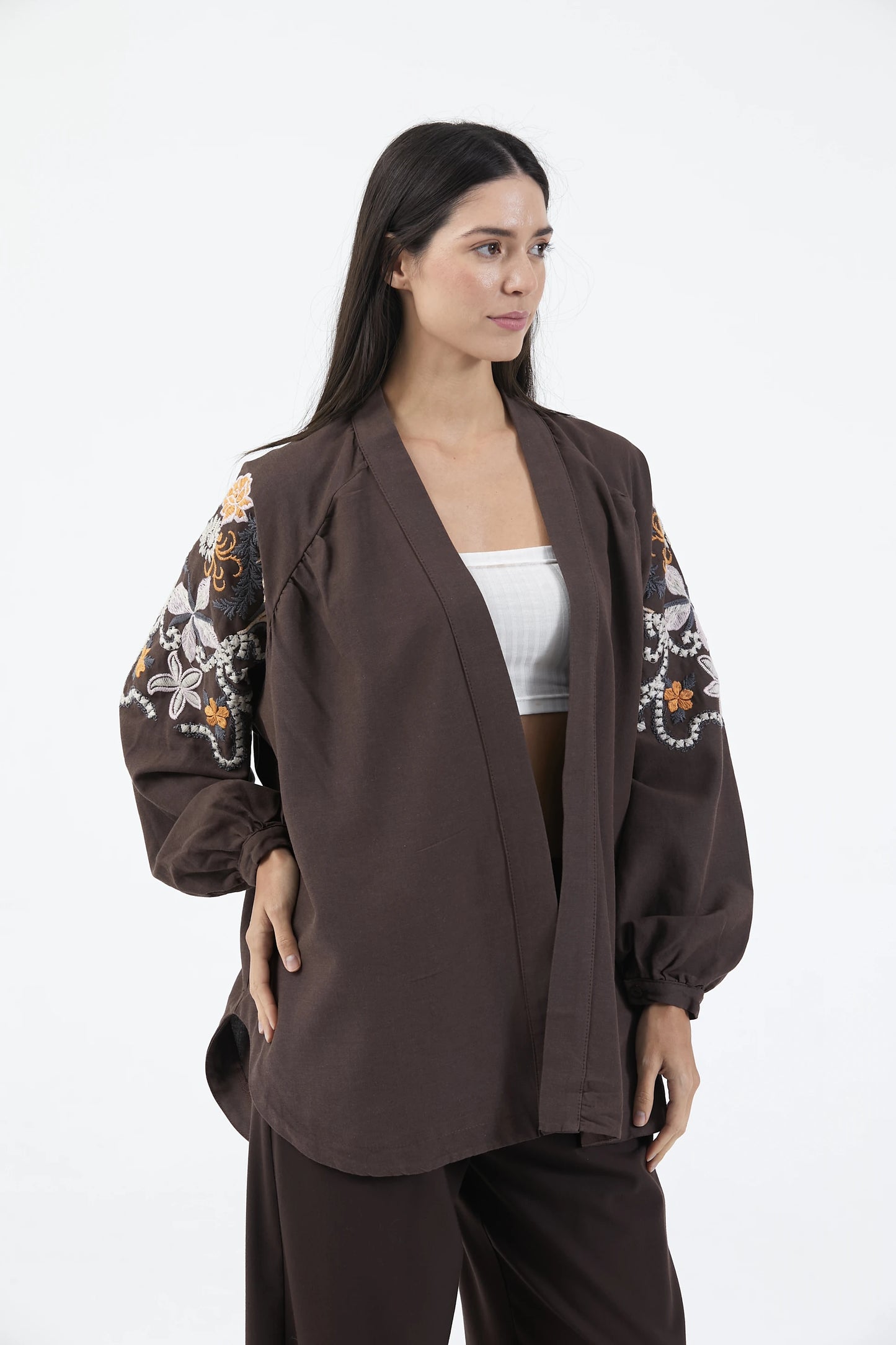 Acı Kahve Nakış İşlemeli Mevsimlik Keten Kimono