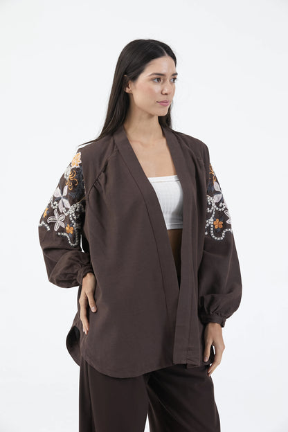 Acı Kahve Nakış İşlemeli Mevsimlik Keten Kimono