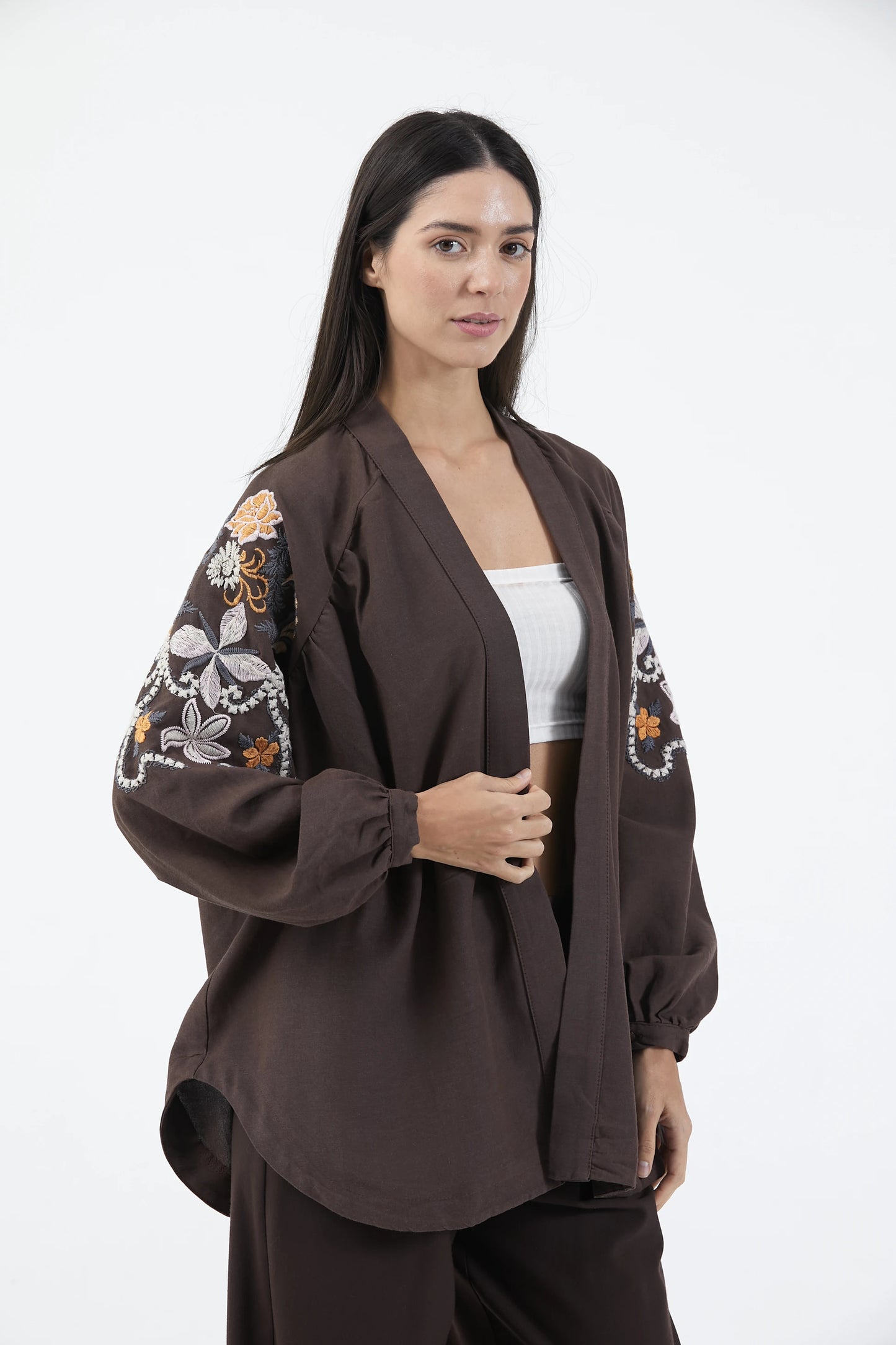 Acı Kahve Nakış İşlemeli Mevsimlik Keten Kimono